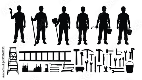 Silhouettes of construction workers with various tools and equipment