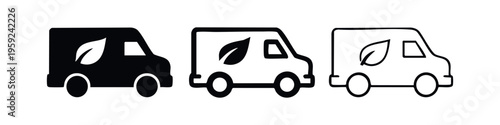 Green delivery van with natural leaf symbol icon set for sustainable transport and eco logistics.