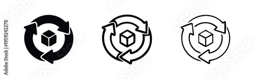 Recycling process with cube icon set. Circular workflow symbol for product or data management.