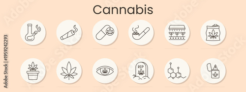 Cannabis set icon. Bong, joint, capsule, pipe, greenhouse, package, potted plant, leaf, eye effect, grave symbol, molecule formula, lighter, marijuana industry, cultivation, consumption culture