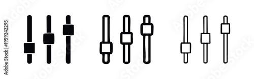 Vertical fader controls icon set. Sound mixer slider symbols for audio level adjustments.