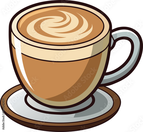 A steaming cup of latte coffee with swirly cream design on top in a modern cartoon style on white background