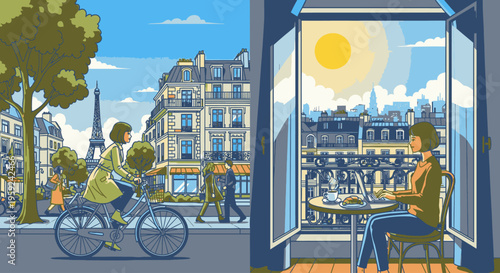 Illustration of a woman riding a bicycle past a cafe with a person sitting inside, set against a Parisian cityscape with the Eiffel Tower and sunny sky.