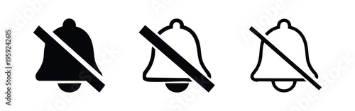 Mute notification bell icon set. Silent mode or no sound symbol.