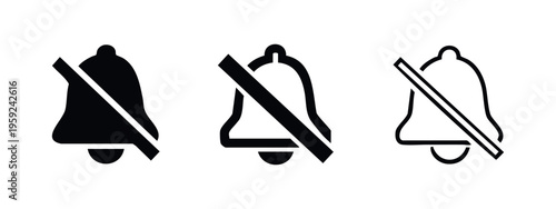 Mute notification bell icon set. Silent mode or no sound symbol.