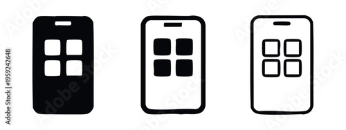 Smartphone app grid icon set. Mobile phone with application launcher display.