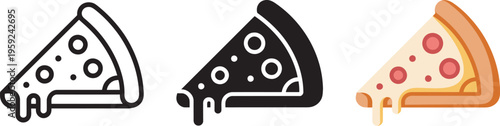 Pizza slice icon, pepperoni piece vector, pizzeria logo, salami pizza symbol, fast food sign, three style variations, food illustration