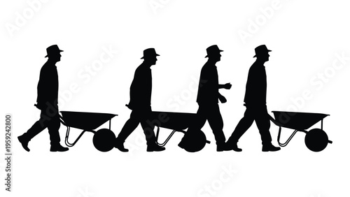 Silhouette of four men walking with wheelbarrows in a line