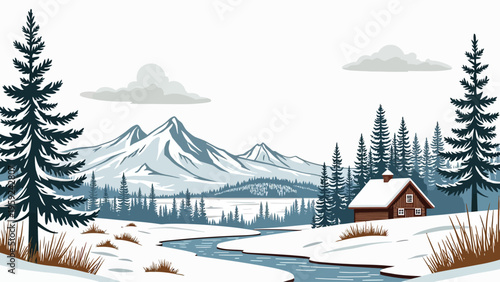 Minimalist beautiful landscape illustration featuring majestic mountains and evergreen pine forests under a cloudy sky for outdoor adventure travel concepts.