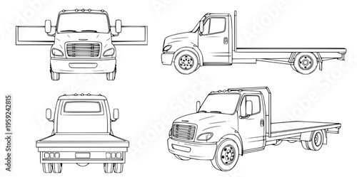 Collection of flatbed truck illustrations from various perspectives on a white background