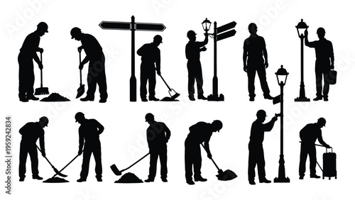 Silhouettes of people performing street cleaning and maintenance tasks