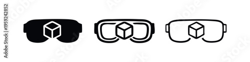 VR Headset with Cube Icon Set, Virtual Reality Symbols, Metaverse Technology Graphic