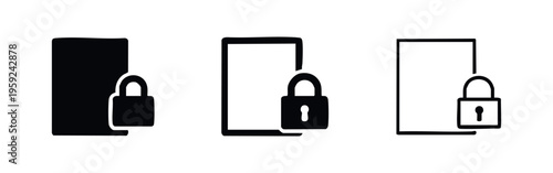 Secure file icon set. Document with padlock symbol for data protection and privacy in various styles.