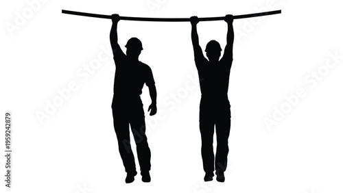 Two people hanging from a horizontal bar in a gym setting