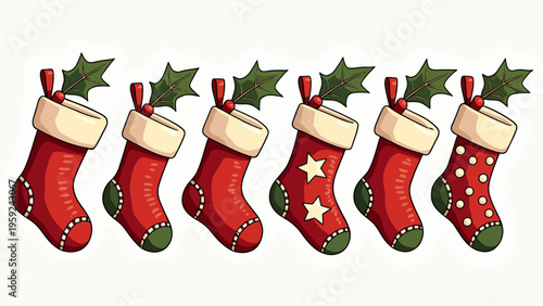 Collection of cute festive red and green christmas stockings hanging in a row for joyful winter holiday decorations seasonal greeting cards and graphic design.