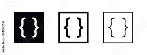 Curly Braces Code Icon Set: Solid, Outlined, and Light Styles for Programming and Development