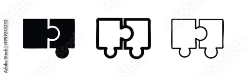 Interlocking puzzle pieces icon set, solution and connection symbols, strategic partnership concept vector.