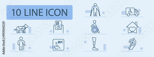 Accessibility set icon. Guide, parking, wheelchair, crutches, ambulance, wc, prosthesis, hearing, inclusion, disability, support, healthcare, mobility, service, aid, equality