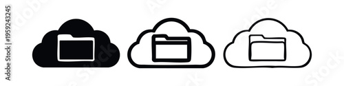 Cloud folder storage icon set, digital data access and online file sharing symbols, internet computing concept.