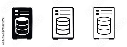 Database server tower icon set, data storage hardware and information management symbols, network infrastructure.