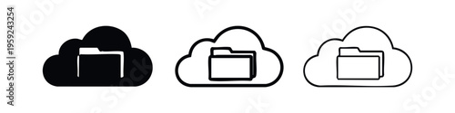Cloud storage folder icon set, online file synchronization and data backup symbols, digital computing concept.