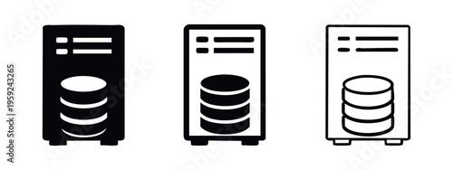 Database server rack icon set, data processing and web hosting symbols, information technology infrastructure.