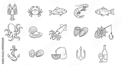 Diverse Marine Creatures and Nautical Symbols for Underwater Exploration