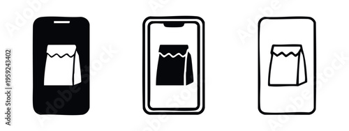 Mobile Food Delivery or Online Shopping Paper Bag Icon Set