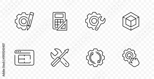 Development tools set icon. Gear with pencil, calculator, ruler, maintenance wrench, 3d cube, layout window, repair toolkit, refresh cycle, touch settings, engineering, workflow