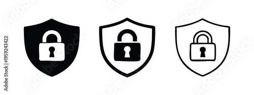 Security Shield with Padlock Icon Set - Data Protection and Privacy Symbol