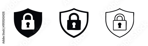 Security Shield with Padlock Icon Set - Data Protection and Privacy Symbol