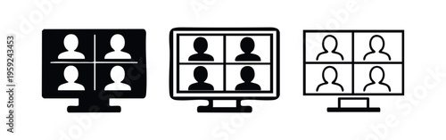 Video Conference Online Meeting Icon Set with Four Participants on Screen