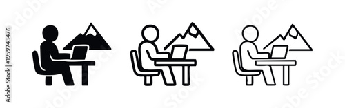 Remote Work and Digital Nomad Icon Set with Person Working on Laptop in Nature