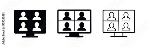 Video Conference Online Meeting Icon Set with Four Participants on Screen