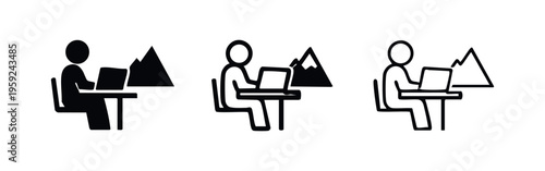 Remote Work and Digital Nomad Icon Set with Person Working on Laptop in Nature