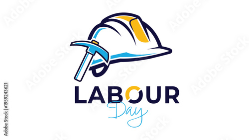 Happy Labour Day, Industrial vector illustration with safety hard hat and pickaxe icon for international workers day celebration banner.