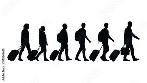 Silhouettes of travelers walking in a line with luggage
