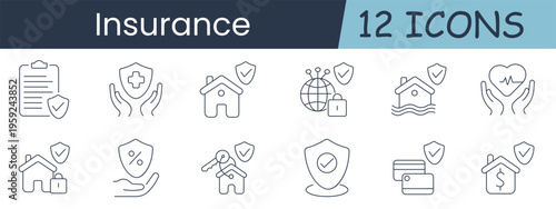 Insurance set icon. Policy, medical shield, house, global lock, flood home, health care, property lock, percent shield, key house, protection badge, cards, mortgage, security