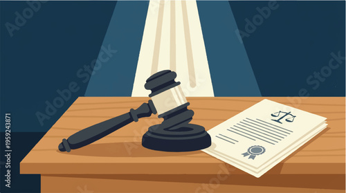 Law, justice, gavel, and documents, courtroom, legal system, wooden desk