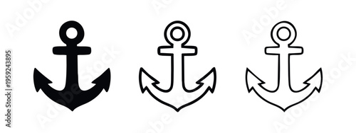 Anchor icon set, nautical marine symbol in various styles: filled, bold outline, and thin outline.