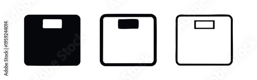 Bathroom scale icon set. Weight measurement symbols. Health and fitness signs with various styles.