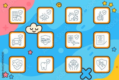 Insurance protection set icon. Building shield, eye, house fire, wheelchair, car shield, delivery truck, passport, medical document, pet, tooth