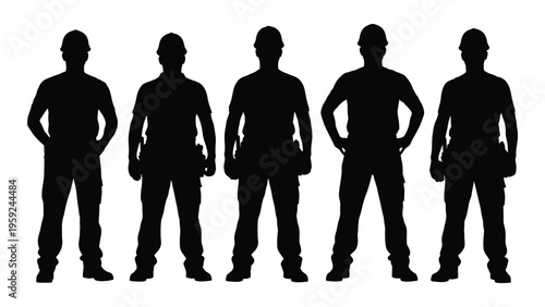 Five police officers standing in a row in silhouette