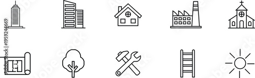 Collection of simple black line icons representing buildings tools nature and sun skyscraper