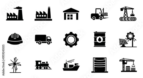 Industrial Equipment and Machinery Icons Set for Construction and Manufacturing