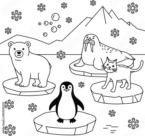 A black and white coloring page featuring cute arctic animals on floating ice floes