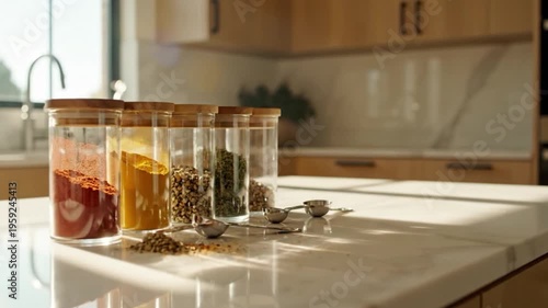 A serene kitchen scene featuring clear spice jars on a marble countertop bathed in sunlight