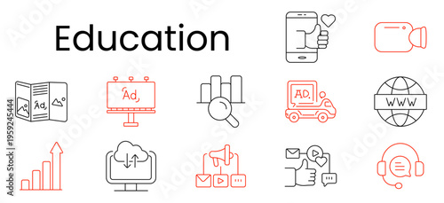 Education set icon. Outline pictograms, open book ad, billboard ad, city search, truck ad, globe www, growth chart, cloud upload, megaphone mail video, like message, headset chat