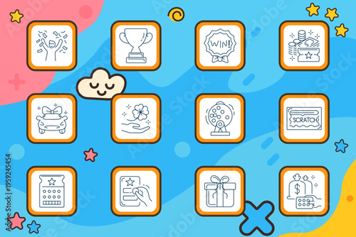 Lottery set icon. Number balls, scratch card, lottery machine, jackpot winner, key prize, calculator payment, celebration badge, ticket stub, lotto grid, cash stack, gift house, millionaire sign