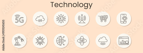 Technology set icon. 5g network, cloud sync, ai chip, antenna signal, ai cart, fingerprint phone, robot arm, microchip, data globe, vr headset, online cloud, dashboard chart, innovation